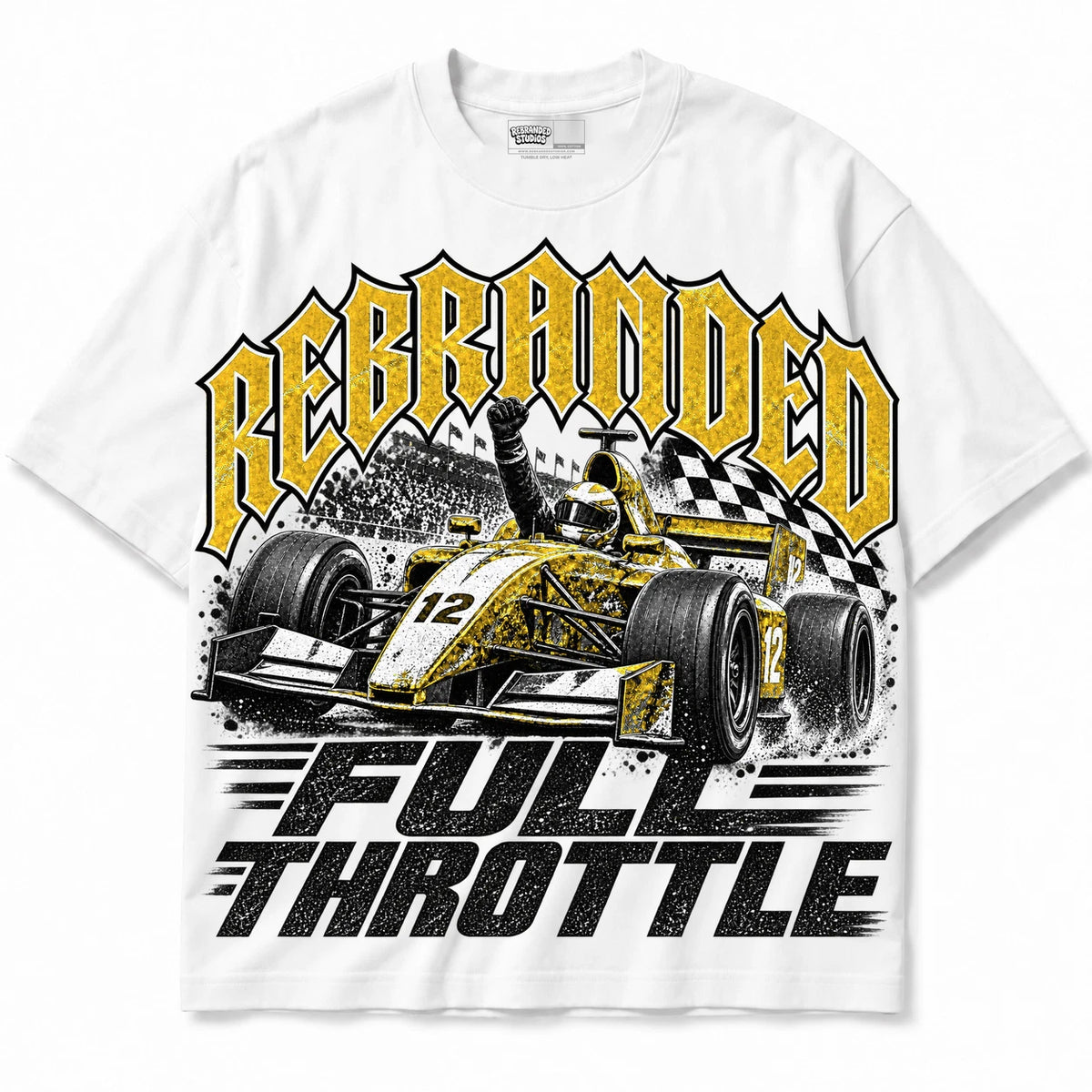 Rebranded Studios Full Throttle Air Jordan 4 Tour Yellow Collection white shirt — front