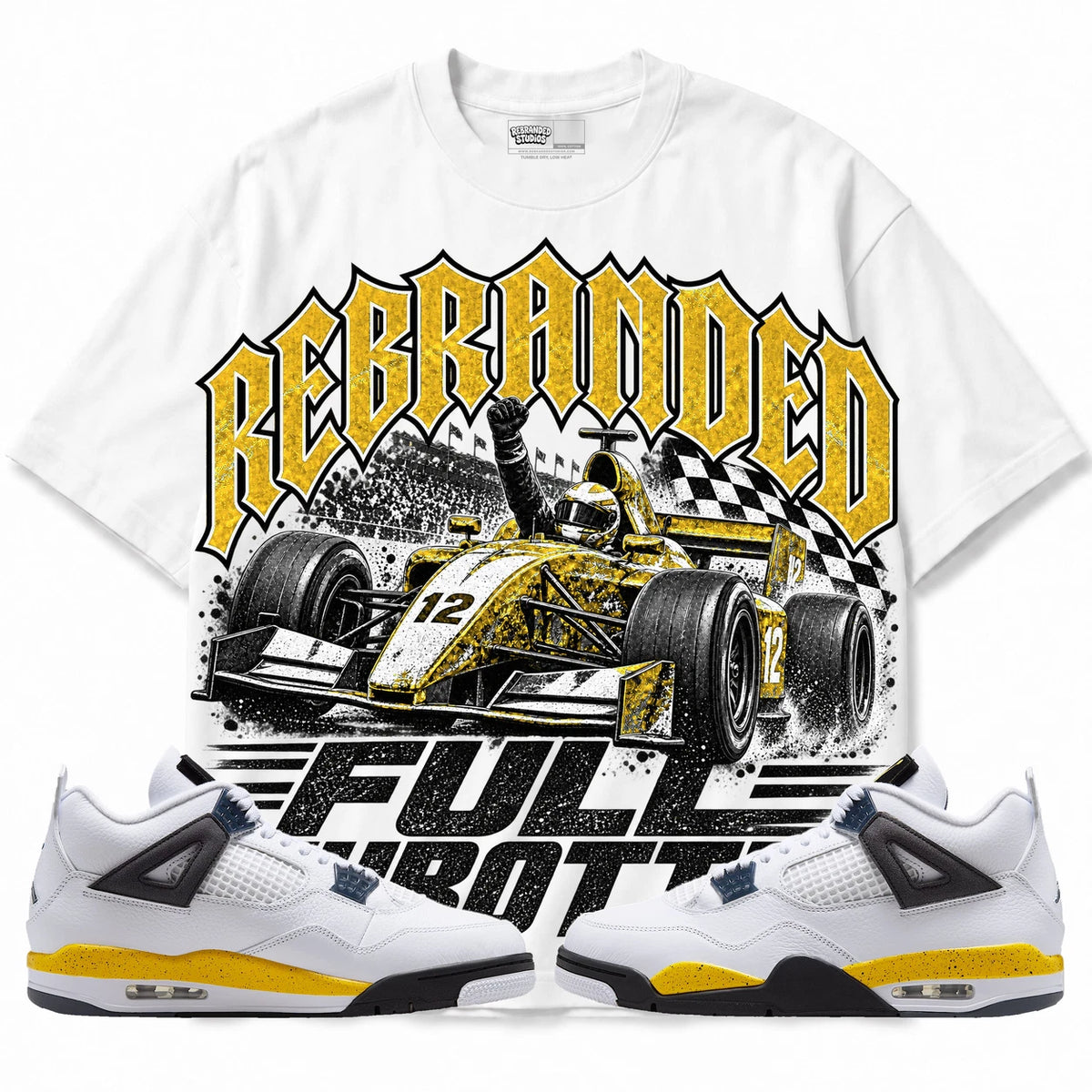 Rebranded Studios Full Throttle Air Jordan 4 Tour Yellow Collection white shirt — front with sneakers