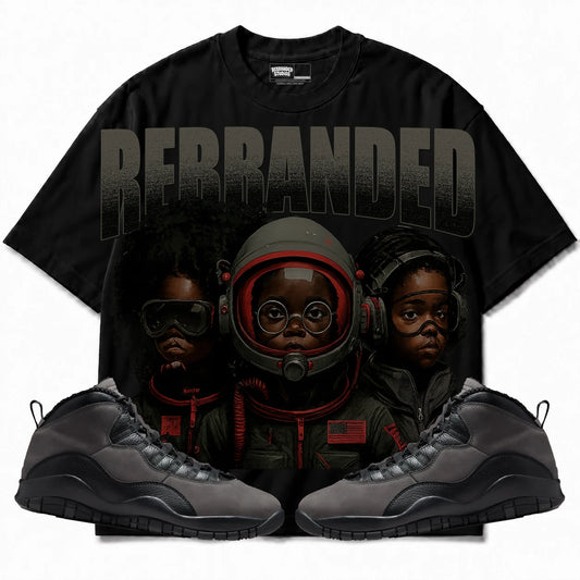 Rebranded Studios Future Air Jordan 10 Shadow Collection black shirt — front with sneakers