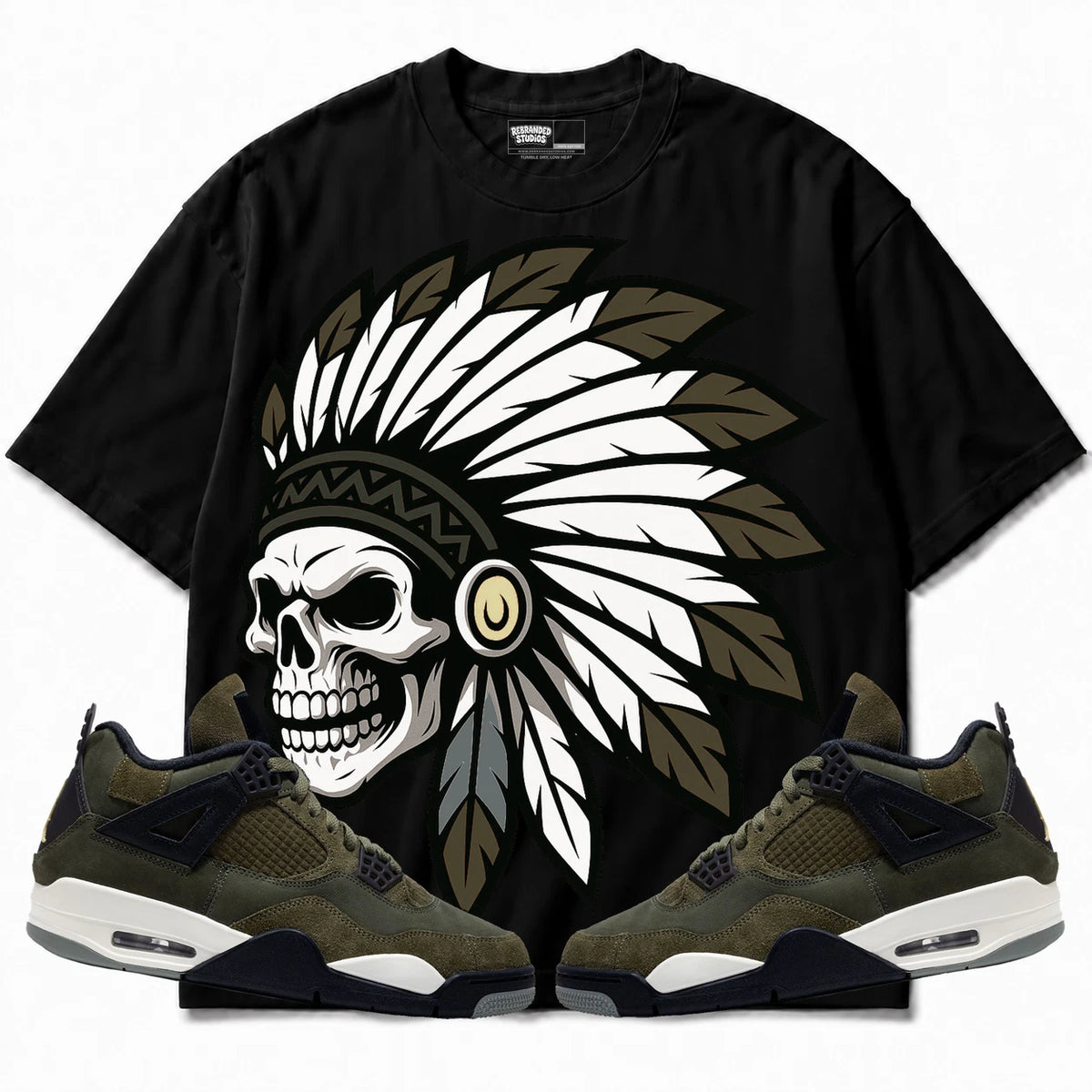 Rebranded Studios Chief 2.0 Air Jordan 4 Craft "Olive" Black shirt — front with sneakers