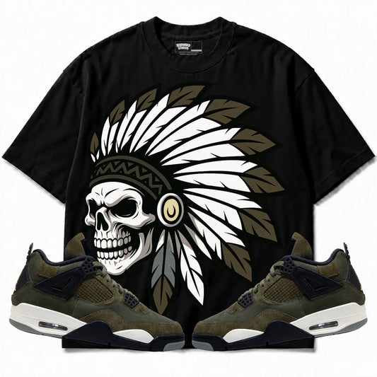 Rebranded Studios Chief 2.0 Air Jordan 4 Craft "Olive" Black shirt — front with sneakers