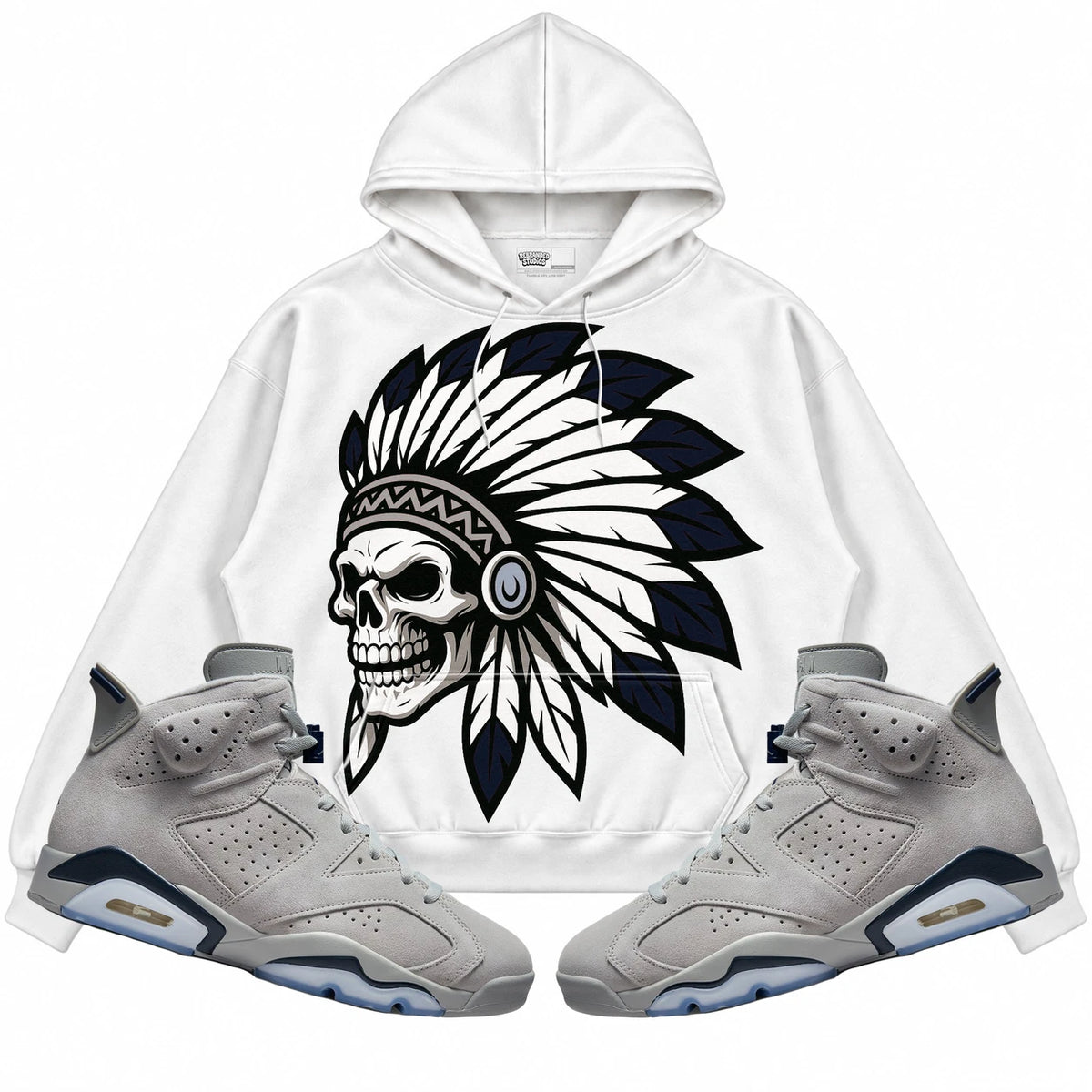 Rebranded Studios Chief 2.0 Air Jordan Retro 6 Georgetown White hoodie — front with sneakers