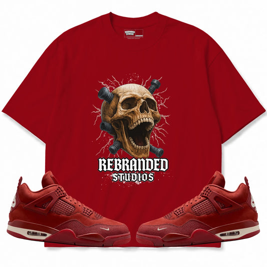 Rebranded Studios Skull Air Jordan 4 Brick By Brick red shirt — front with sneakers