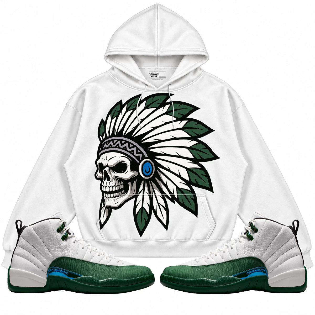 Rebranded Studios Chief 2.0 Air Jordan 12 Bucks white hoodie — front with sneakers