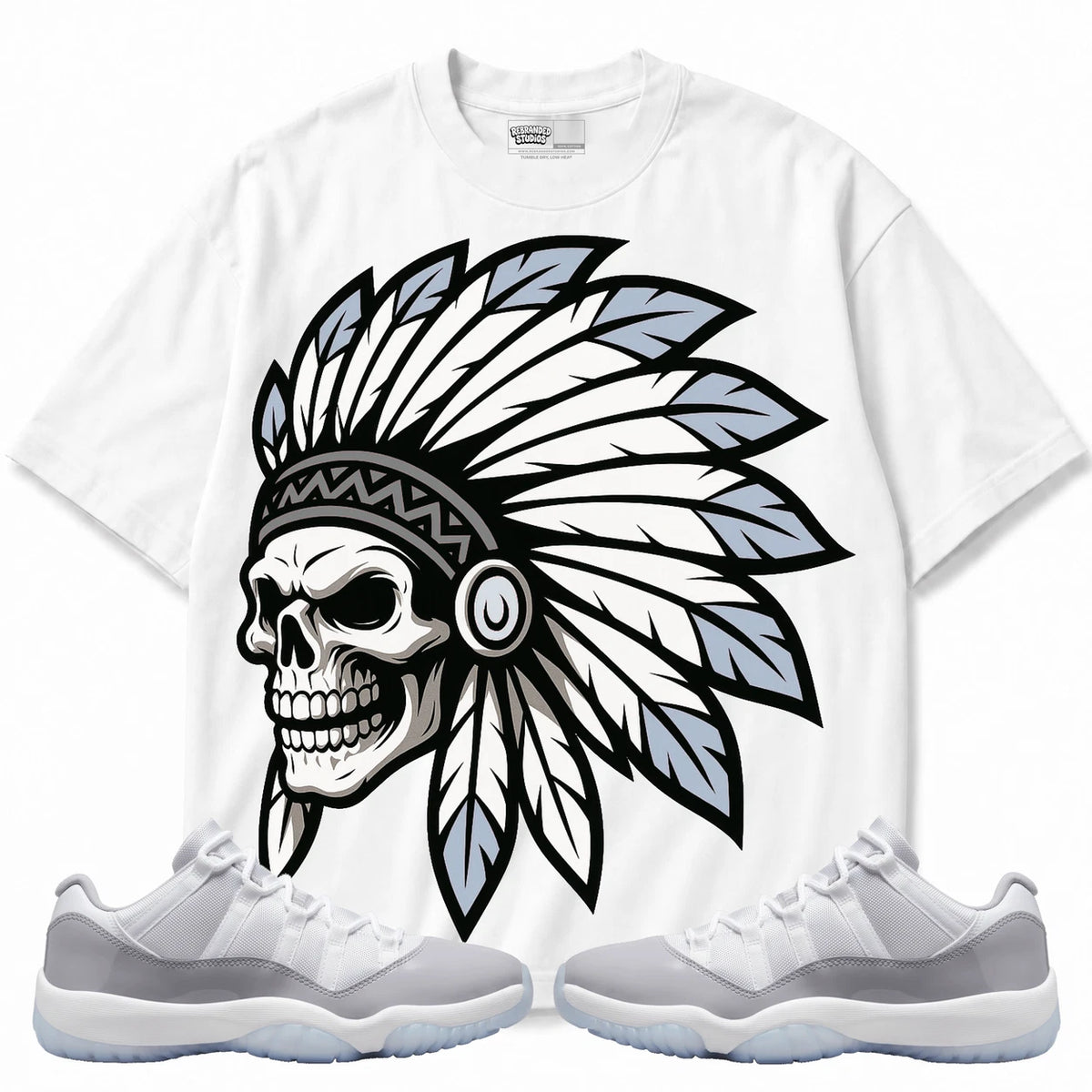 Rebranded Studios Chief 2.0 Air Jordan 11 Cement Grey White shirt — front with sneakers