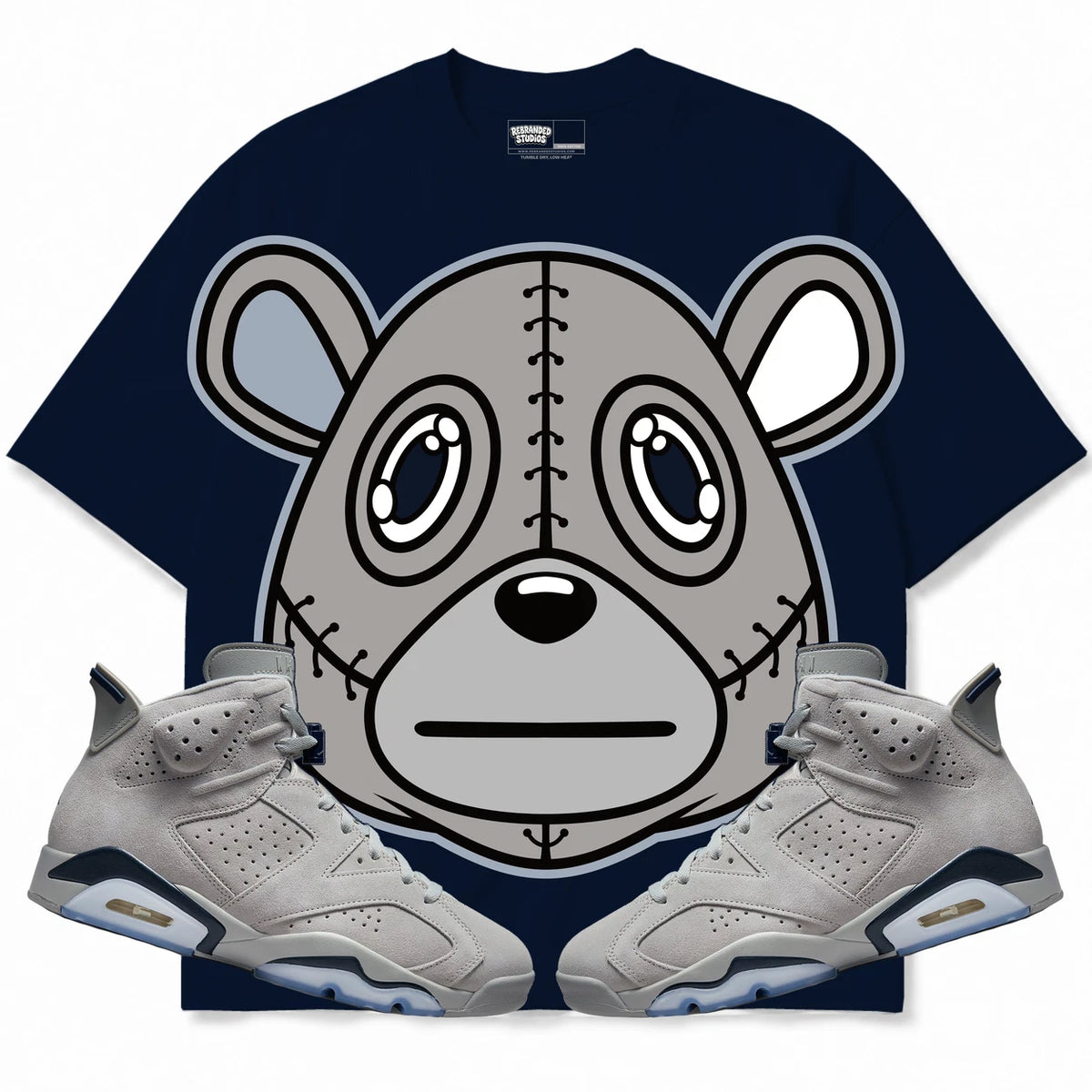 Rebranded Studios Rebranded Bear Air Jordan Retro 6 Georgetown navy blue shirt — front with sneakers