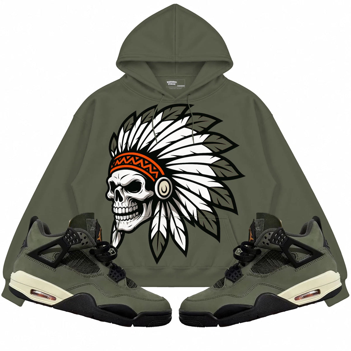 Rebranded Studios Chief 2.0 Air Jordan 4 Undefeated olive green hoodie — front with sneakers