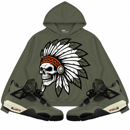 Rebranded Studios Chief 2.0 Air Jordan 4 Undefeated olive green hoodie — front with sneakers