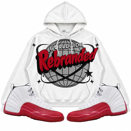 Rebranded Studios Worldwide Air Jordan 12 Cherry Collection white hoodie — front with sneakers