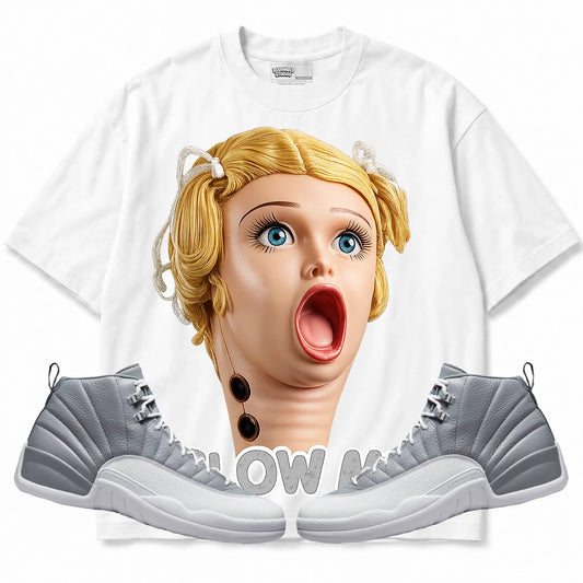 Rebranded Studios Blow Me Air Jordan Retro 12 Stealth White shirt — front with sneakers