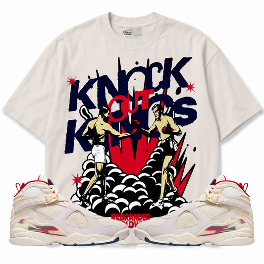 Rebranded Studios Knock Out Kings AIR JORDAN 8 X SOLEFLY “MI CASA ES SU CASA" Collection light warm gray shirt — front with sneakers