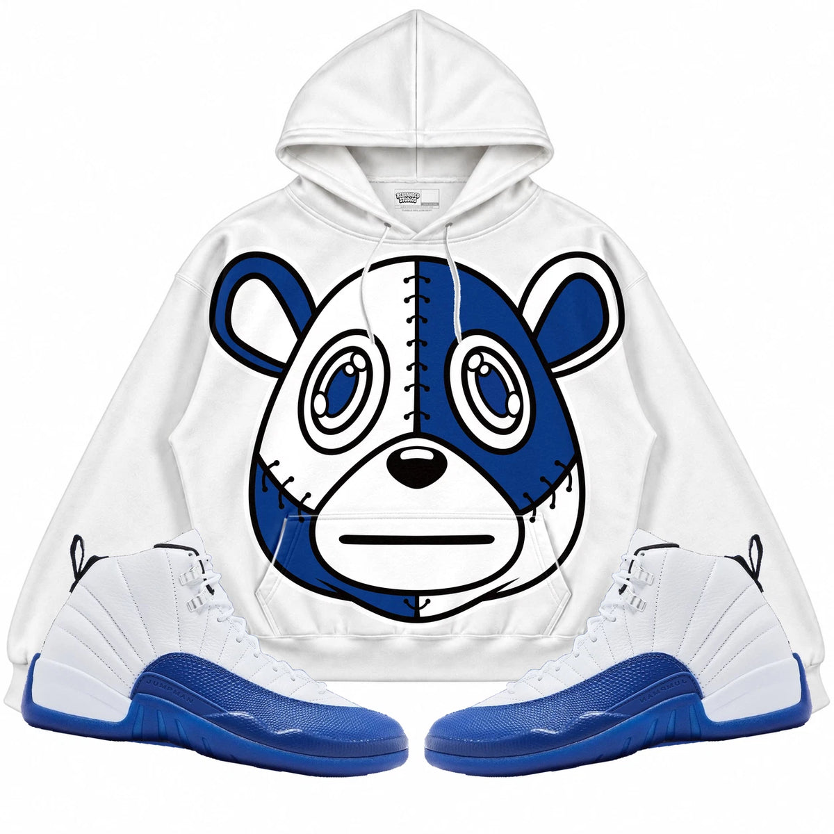 Rebranded Studios Rebranded Bear Air Jordan 12 Blueberry Collection white hoodie — front with sneakers