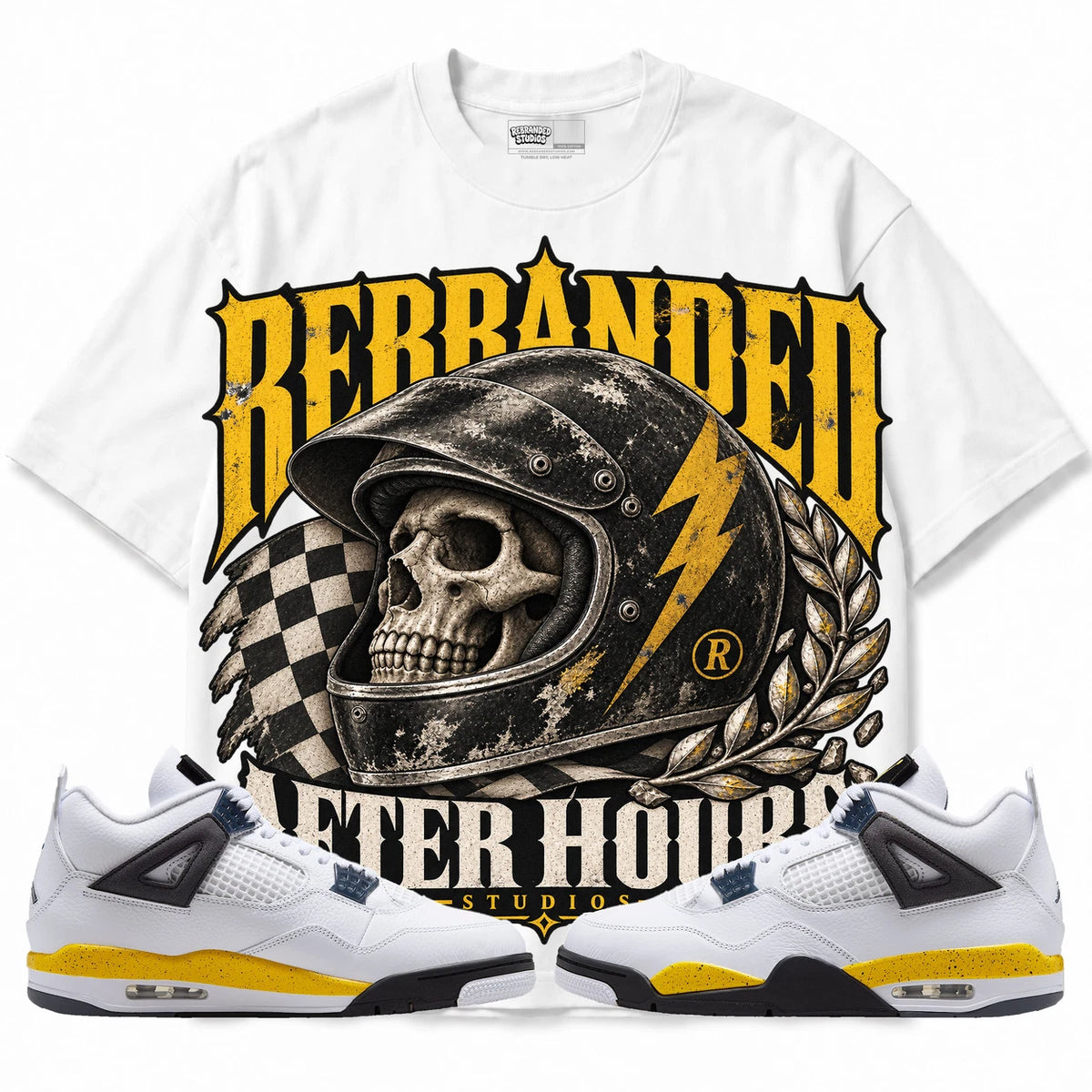 Rebranded Studios After Hours Air Jordan 4 Tour Yellow Collection white shirt — front with sneakers