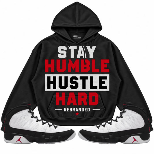 Rebranded Studios Stay Humble Hustle Hard Air Jordan 9 OG Space Jam Collection black hoodie — front with sneakers