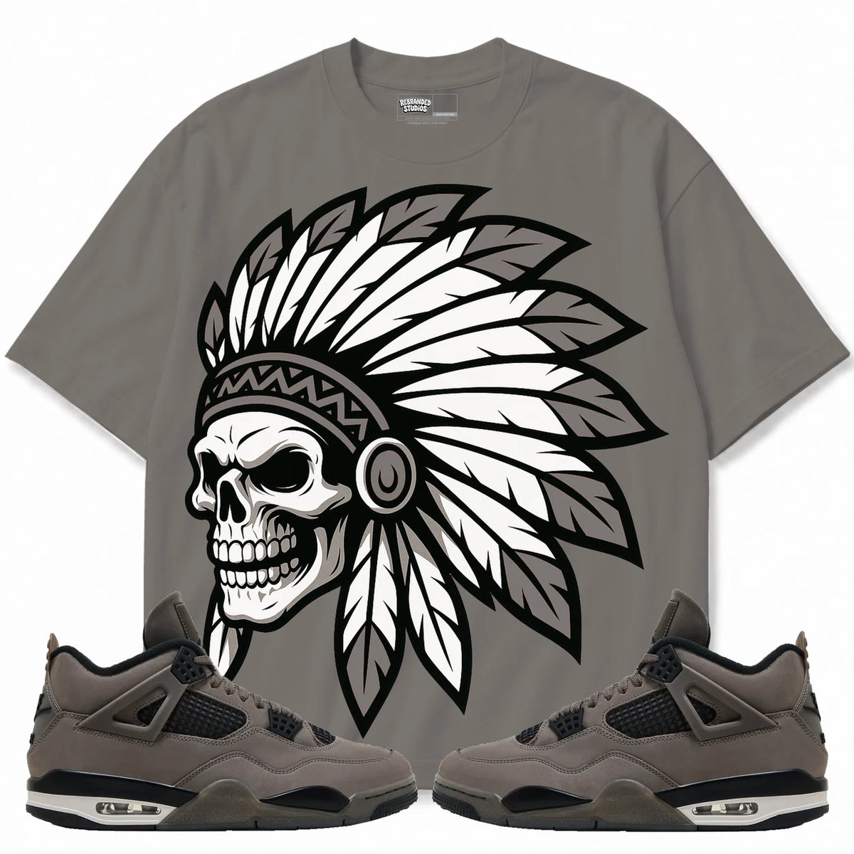Rebranded Studios Chief 2.0 Air Jordan 4 Cave Stone cave gray shirt — front with sneakers