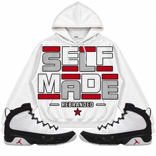 Rebranded Studios Self Made Air Jordan 9 OG Space Jam Collection white hoodie — front with sneakers