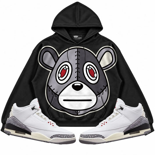 Rebranded Studios Rebranded Bear Air Jordan Retro 3 White Cement Black hoodie — front with sneakers