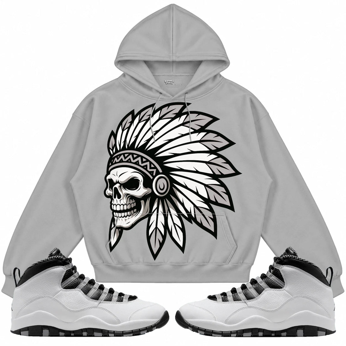 Rebranded Studios Chief 2.0 Air Jordan 10 Steel light gray hoodie — front with sneakers