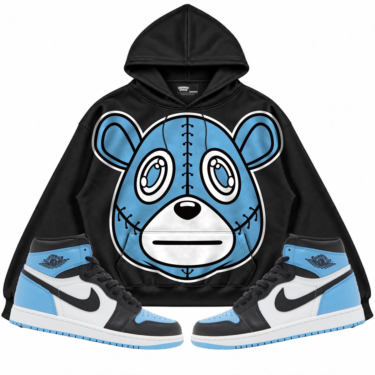 Rebranded Studios Rebranded Bear Air Jordan 1 High OG UNC Toe Black hoodie — front with sneakers