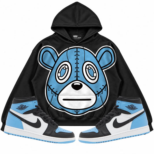 Rebranded Studios Rebranded Bear Air Jordan 1 High OG UNC Toe Black hoodie — front with sneakers