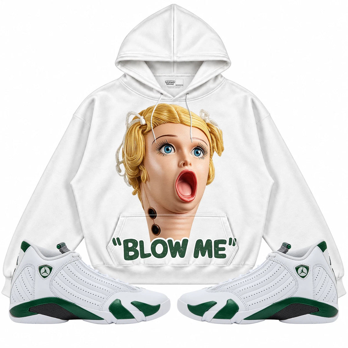 Rebranded Studios Blow Me Air Jordan 14 Forest Green white hoodie — front with sneakers