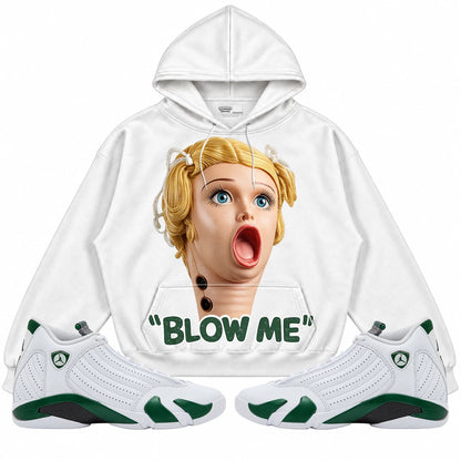 Rebranded Studios Blow Me Air Jordan 14 Forest Green white hoodie — front with sneakers