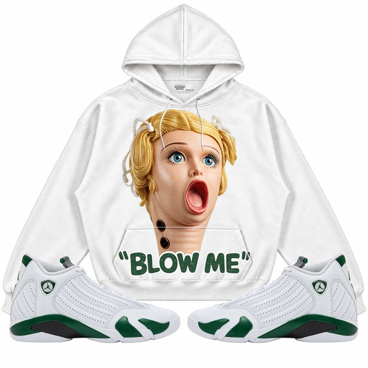 Rebranded Studios Blow Me Air Jordan 14 Forest Green white hoodie — front with sneakers