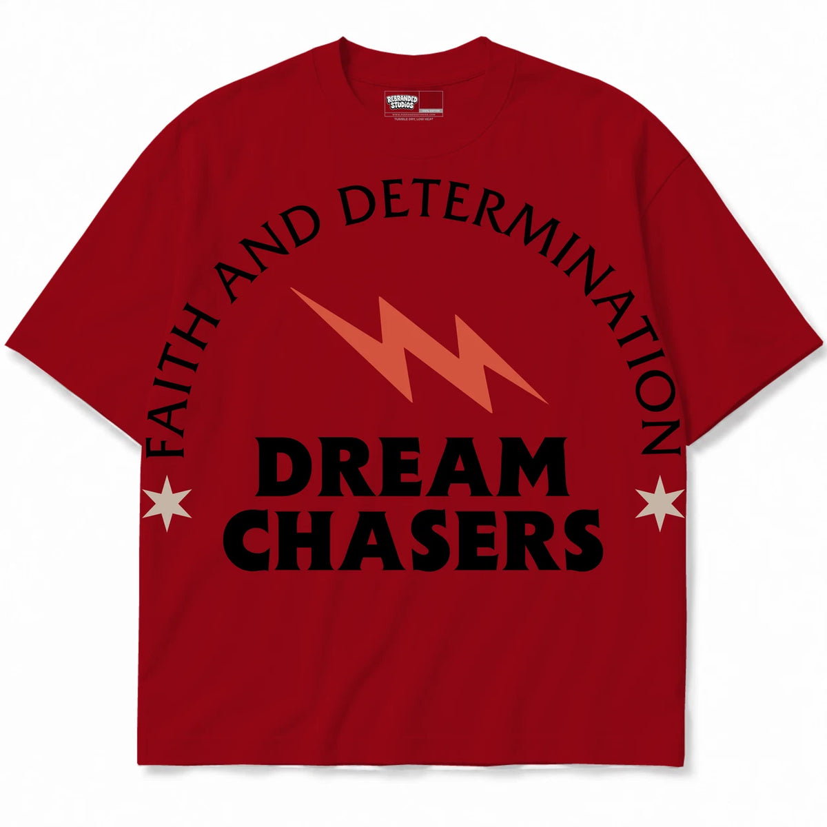 Rebranded Studios Dream Chasers — Lightning Air Jordan 4 Brick By Brick red shirt — front