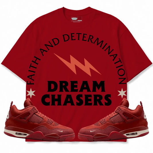 Rebranded Studios Dream Chasers — Lightning Air Jordan 4 Brick By Brick red shirt — front with sneakers