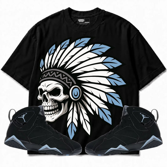 Rebranded Studios Chief 2.0 Air Jordan 7 Chambray Black shirt — front with sneakers