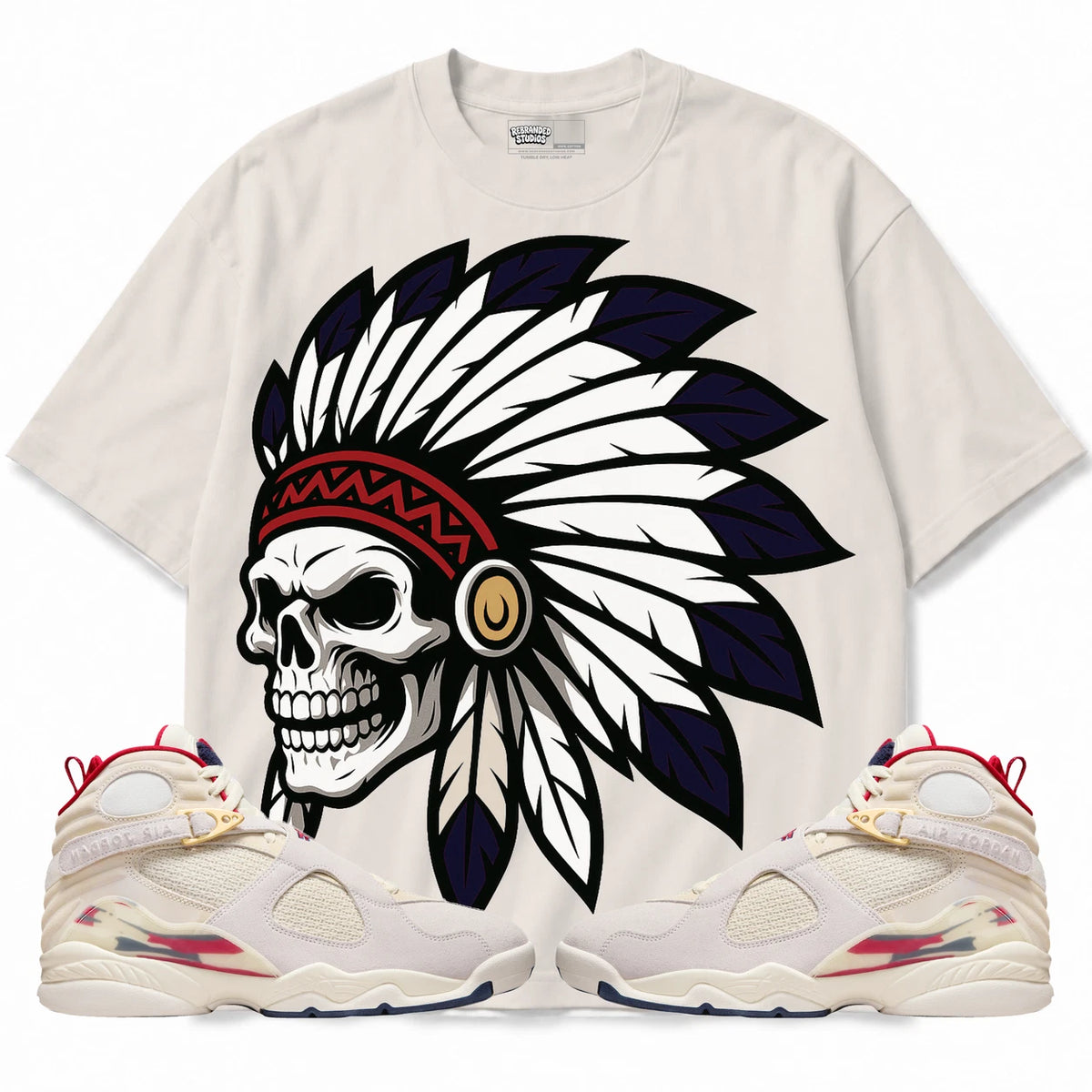 Rebranded Studios Chief 2.0 AIR JORDAN 8 X SOLEFLY “MI CASA ES SU CASA" light warm gray shirt — front with sneakers