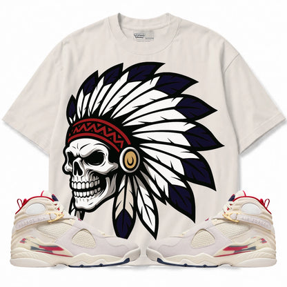 Rebranded Studios Chief 2.0 AIR JORDAN 8 X SOLEFLY “MI CASA ES SU CASA" light warm gray shirt — front with sneakers