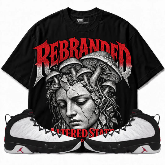 Rebranded Studios Altered State Air Jordan 9 OG Space Jam Collection black shirt — front with sneakers