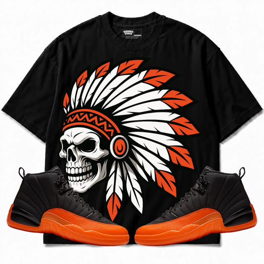 Rebranded Studios Chief 2.0 Air Jordan 12 Brilliant Orange Black shirt — front with sneakers