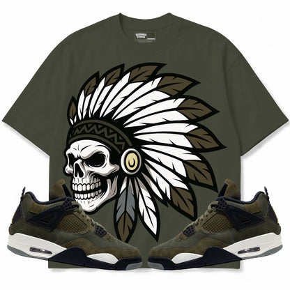 Rebranded Studios Chief 2.0 Air Jordan 4 Craft "Olive" Dark Olive Green shirt — front with sneakers