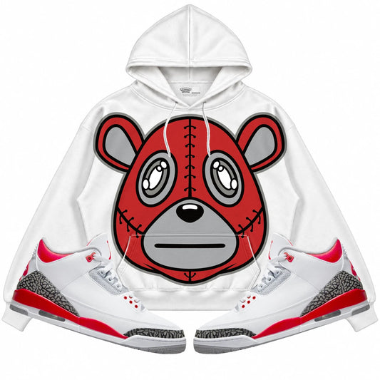 Rebranded Studios Rebranded Bear Air Jordan Retro 3 Fire Red Collection white hoodie — front with sneakers
