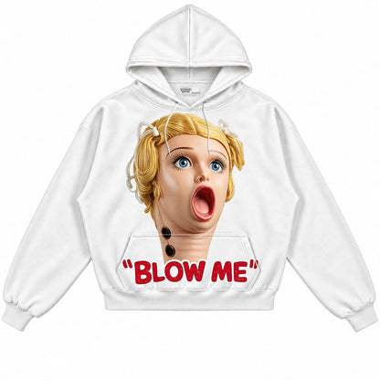 Rebranded Studios Blow Me Air Jordan 9 OG Space Jam white hoodie — front