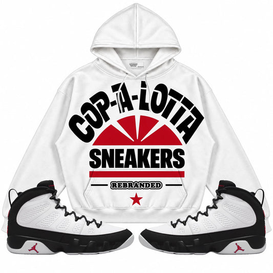 Rebranded Studios Cop Alotta Of Sneakers Air Jordan 9 OG Space Jam Collection white hoodie — front with sneakers
