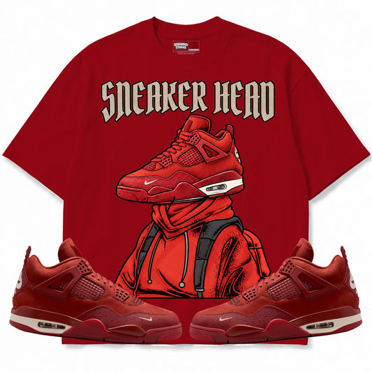 Rebranded Studios Sneaker Head Air Jordan 4 Brick By Brick red shirt — front with sneakers