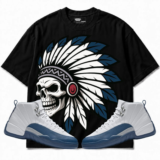 Rebranded Studios Chief 2.0 Air Jordan 12 French Blue Black shirt — front with sneakers