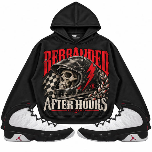 Rebranded Studios After Hours Air Jordan 9 OG Space Jam Collection black hoodie — front with sneakers