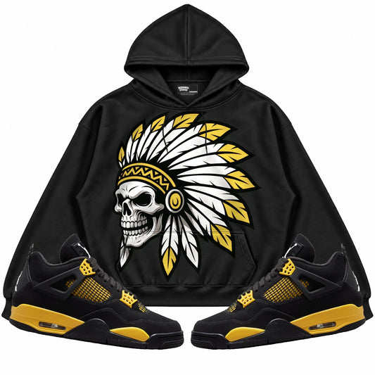 Rebranded Studios Chief 2.0 Air Jordan 4 Thunder Black hoodie — front with sneakers