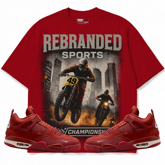 Rebranded Studios Sports Air Jordan 4 Brick By Brick red shirt — front with sneakers