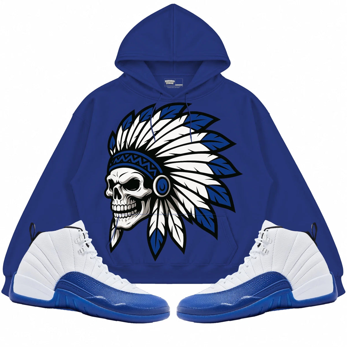 Rebranded Studios Chief 2.0 Air Jordan 12 Blueberry royal blue hoodie — front with sneakers