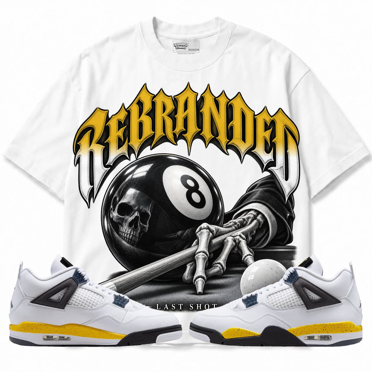 Rebranded Studios Last Shot Air Jordan 4 Tour Yellow Collection white shirt — front with sneakers