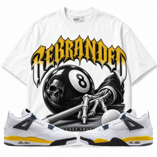 Rebranded Studios Last Shot Air Jordan 4 Tour Yellow Collection white shirt — front with sneakers