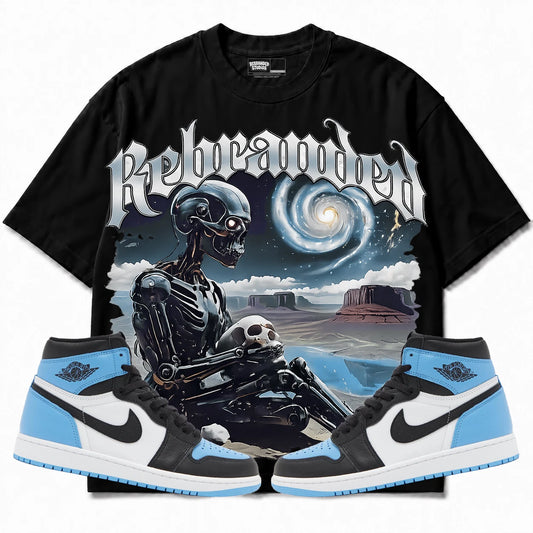 Rebranded Studios Rebranded Future Air Jordan 1 High OG UNC Toe Black T-shirt — front with matching sneakers