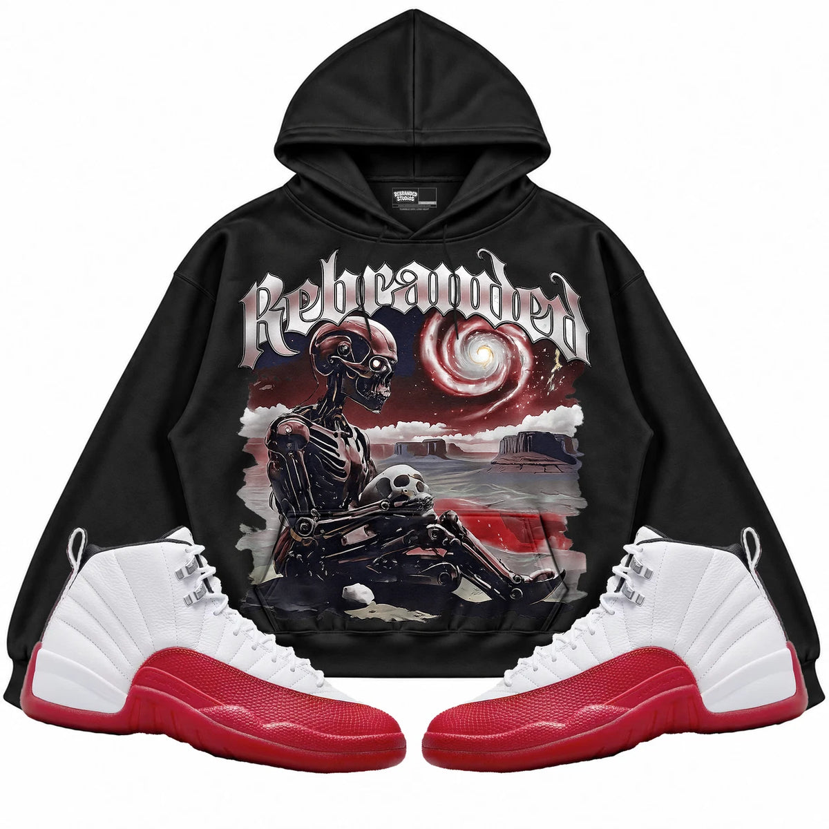 Rebranded Studios Rebranded Future Air Jordan 12 Cherry Black hoodie — front with sneakers