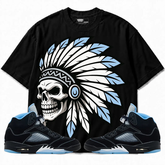 Rebranded Studios Chief 2.0 Air Jordan 5 Black Carolina UNC black shirt — front with sneakers