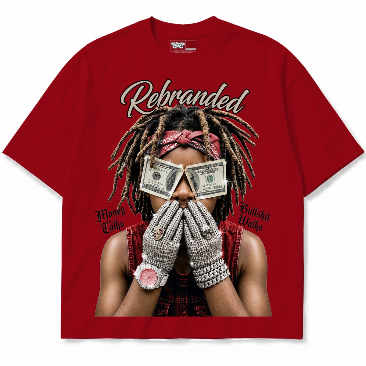 Rebranded Studios Money Talks Bullshit Walks Air Jordan 4 Brick By Brick red shirt — front